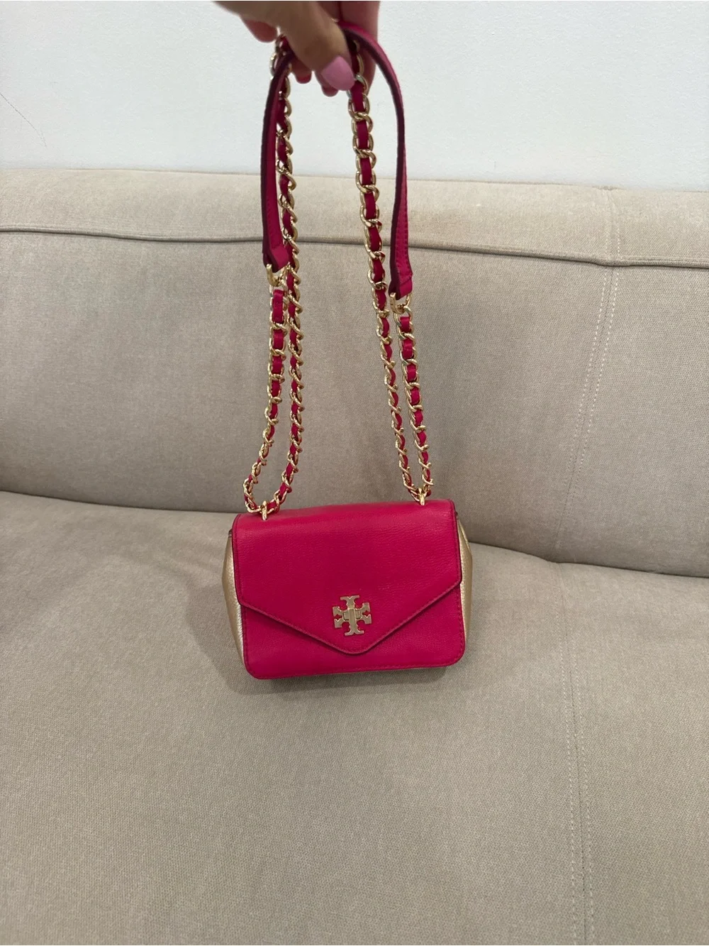 Tory Burch Kira Shoulder Crossbody Leather Bag in Hot Pink and Gold Hardware